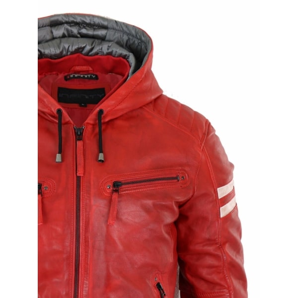 Men's Real Leather Bomber Jacket with Hood-Red