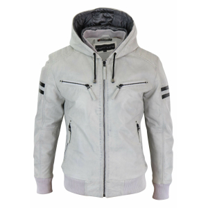 Men’s Real Leather Bomber Jacket with Hood-White