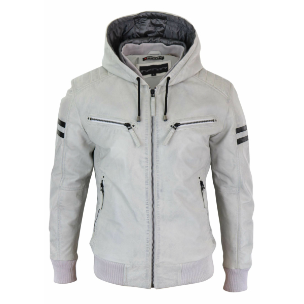 Men's Real Leather Bomber Jacket with Hood-White