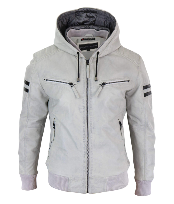 Men s Real Leather Bomber Jacket with Hood White Buy Online Happy Gentleman United States