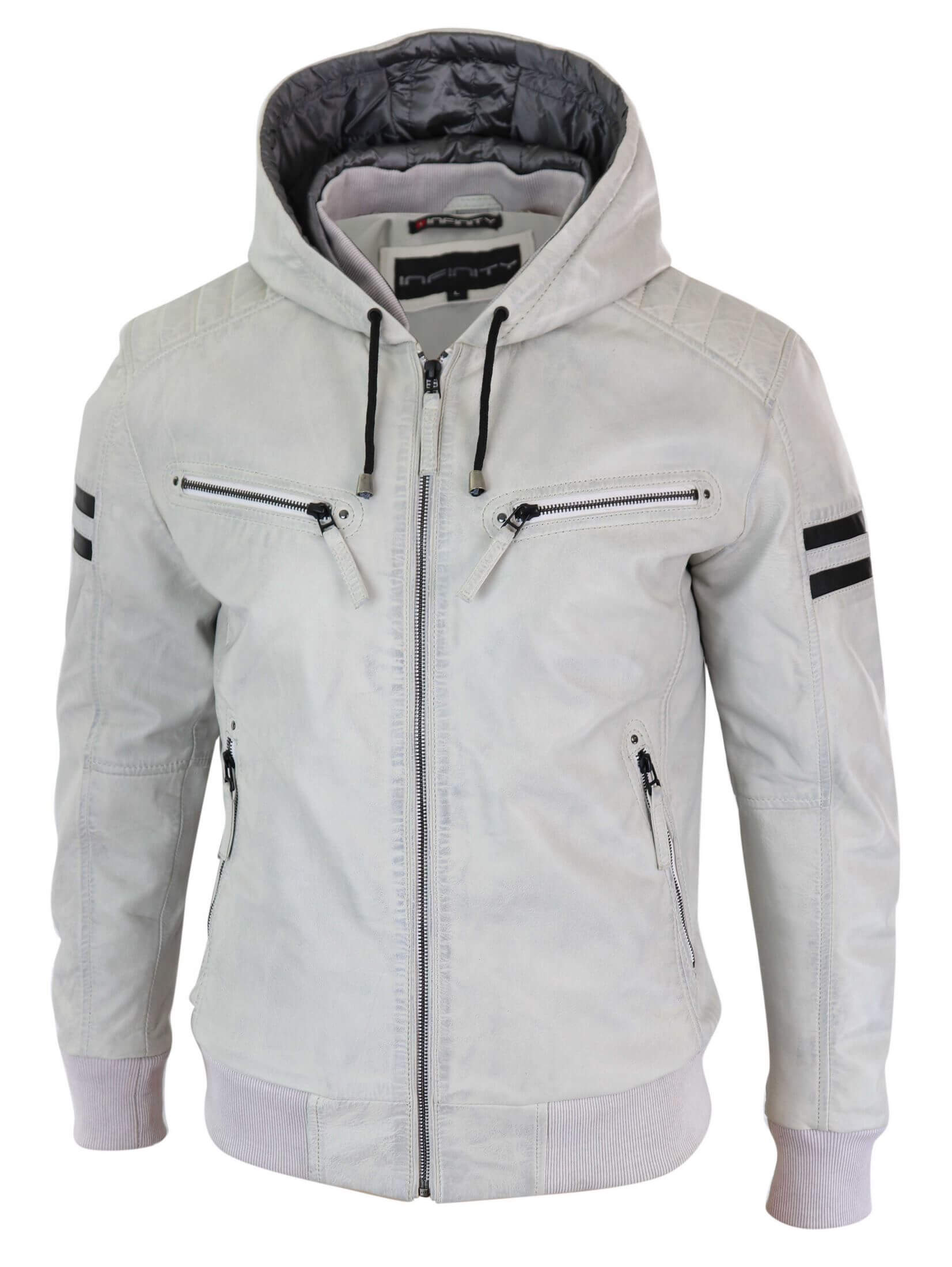Men's Real Leather Bomber Jacket with Hood-White: Buy Online - Happy ...