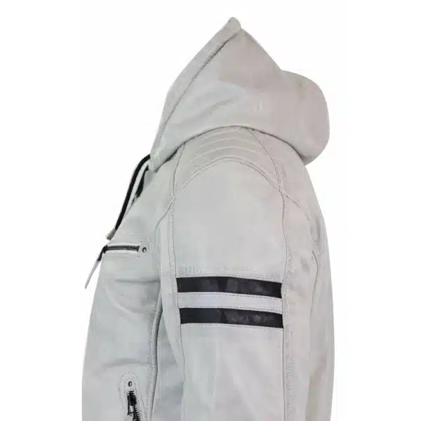Men's Real Leather Bomber Jacket with Hood-White