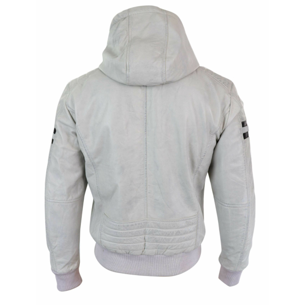 Men's Real Leather Bomber Jacket with Hood-White