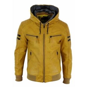 Men’s Real Leather Bomber Jacket with Hood-Yellow