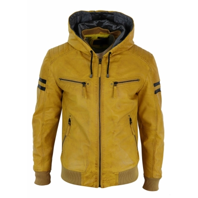 Men's Real Leather Bomber Jacket with Hood-Yellow