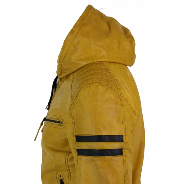 Men's Real Leather Bomber Jacket with Hood-Yellow