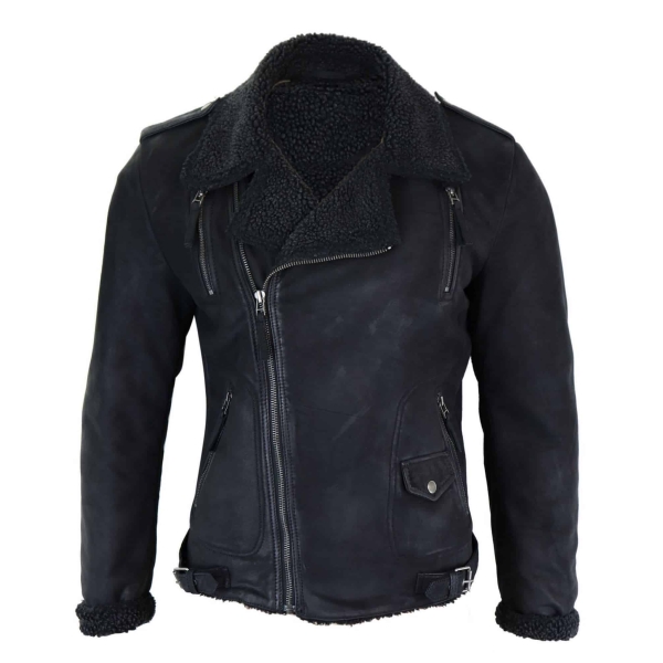 Real Leather Black Cross Zip Mens Biker Jacket Fleece Lined Fitted Smart Casual