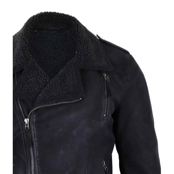 Real Leather Black Cross Zip Mens Biker Jacket Fleece Lined Fitted Smart Casual