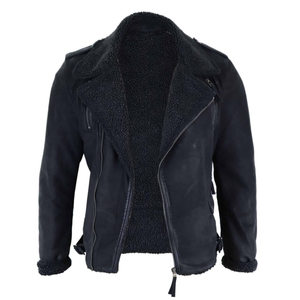 Real Leather Black Cross Zip Mens Biker Jacket Fleece Lined Fitted Smart Casual