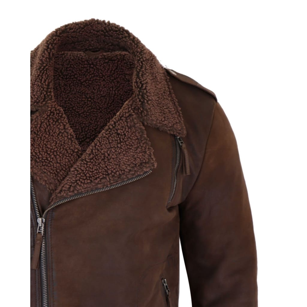 Men's Real Cross-Zip Biker Jacket, Fleece Lined - Brown | Happy Gentleman