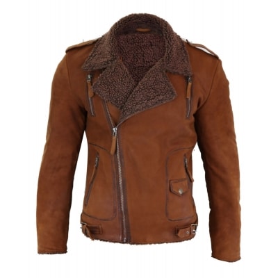Real Leather Men's Cross-Zip Biker Jacket, Fleece Lined-Tan