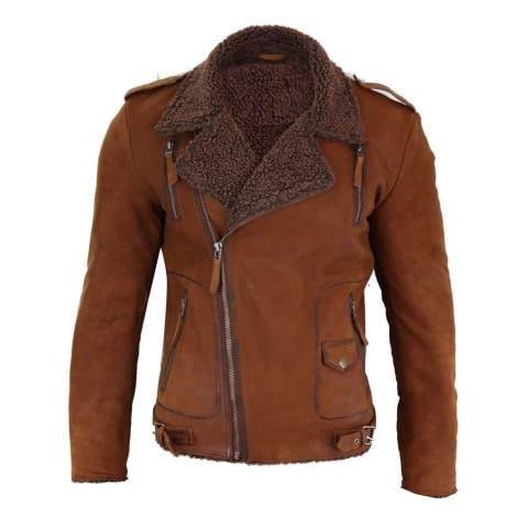 Real Leather Men's Cross-Zip Biker Jacket, Fleece Lined-Tan: Buy Online ...