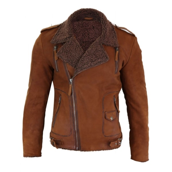Real Leather Men's Cross-Zip Biker Jacket, Fleece Lined-Tan