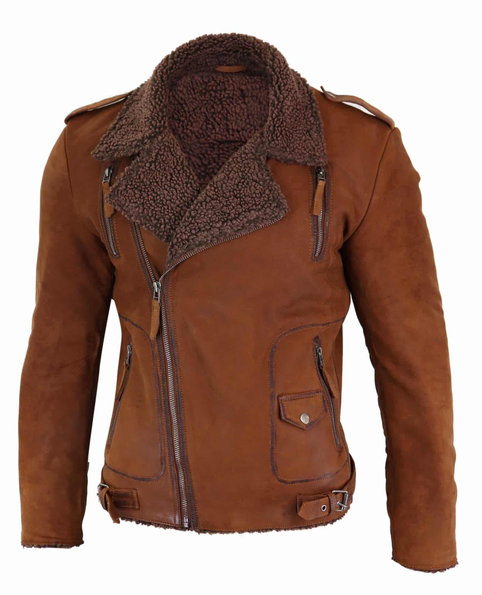 Real Leather Men's Cross-Zip Biker Jacket, Fleece Lined-Tan: Buy Online -  Happy Gentleman United States