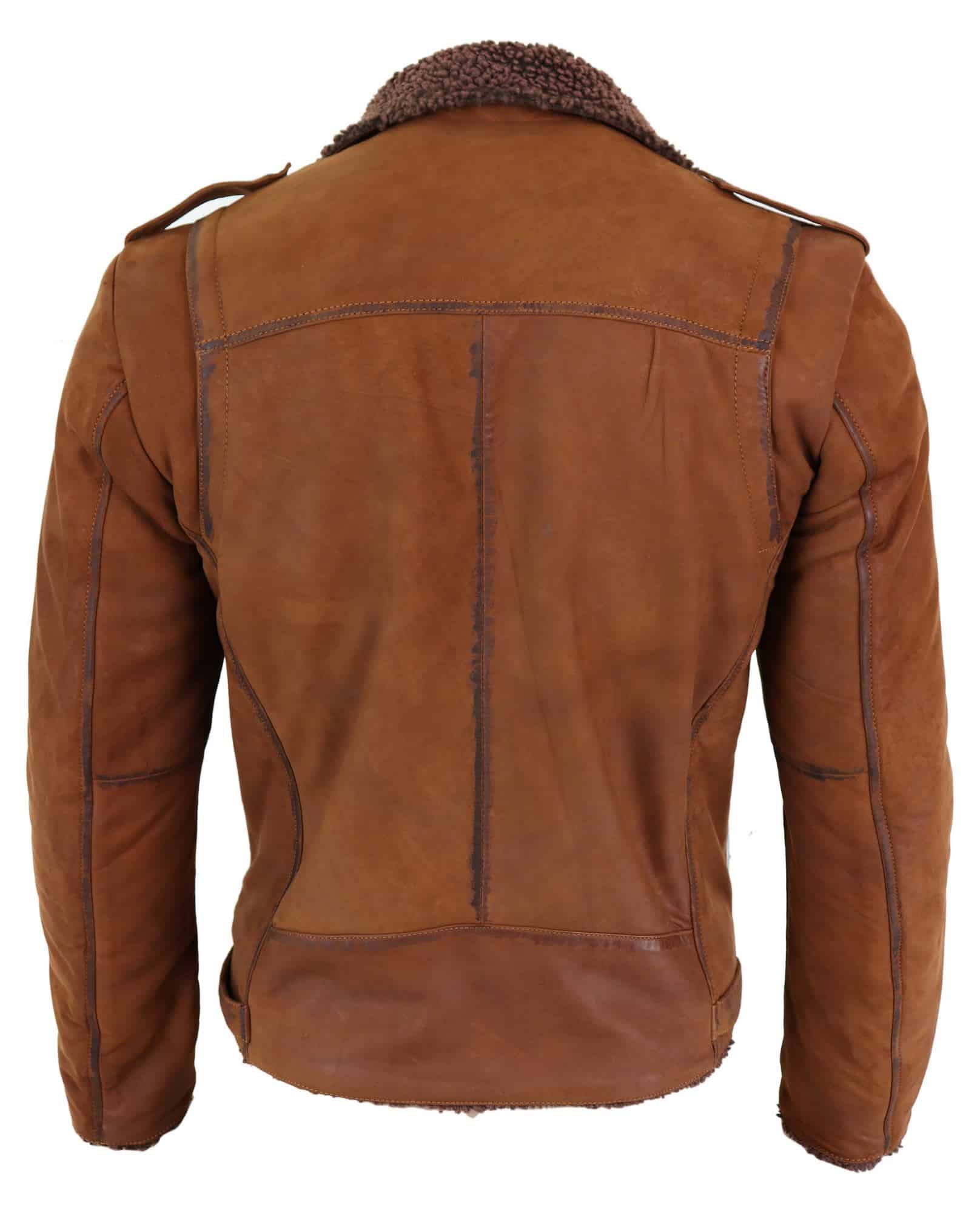 Real Leather Men's Cross-Zip Biker Jacket, Fleece Lined-Tan: Buy