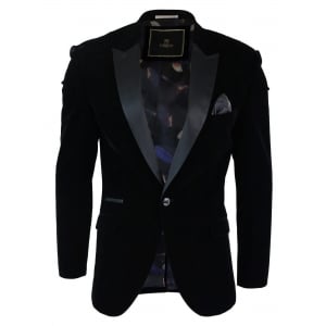 Cavani Rosa – Mens Soft Velvet Black Navy 1 Button Dinner Jacket Tuxedo Blazer Smart Casual Fit-Black