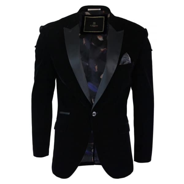 Cavani Rosa - Mens Soft Velvet Black Navy 1 Button Dinner Jacket Tuxedo Blazer Smart Casual Fit-Black