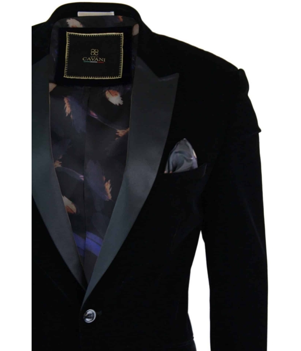 Cavani Rosa - Mens Soft Velvet Black Navy 1 Button Dinner Jacket Tuxedo Blazer Smart Casual Fit-Black