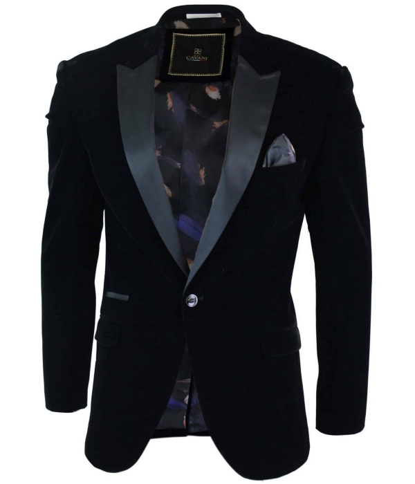 Cavani Rosa - Mens Soft Velvet Black Navy 1 Button Dinner Jacket Tuxedo Blazer Smart Casual Fit-Black