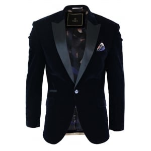 Cavani Rosa – Mens Soft Velvet Black Navy 1 Button Dinner Jacket Tuxedo Blazer Smart Casual Fit-Navy