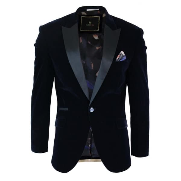 Cavani Rosa - Mens Soft Velvet Black Navy 1 Button Dinner Jacket Tuxedo Blazer Smart Casual Fit-Navy