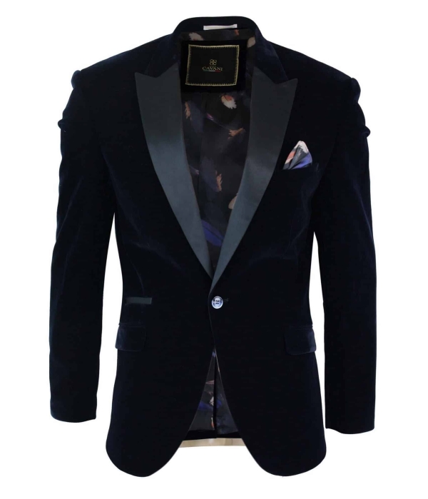 Cavani Rosa - Mens Soft Velvet Black Navy 1 Button Dinner Jacket Tuxedo Blazer Smart Casual Fit-Navy