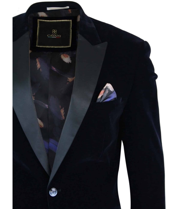 Cavani Rosa - Mens Soft Velvet Black Navy 1 Button Dinner Jacket Tuxedo Blazer Smart Casual Fit-Navy