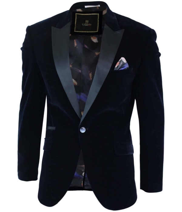 Cavani Rosa - Mens Soft Velvet Black Navy 1 Button Dinner Jacket Tuxedo Blazer Smart Casual Fit-Navy