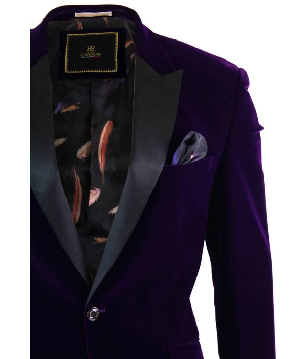 Cavani Rosa - Mens Soft Velvet Black Navy 1 Button Dinner Jacket Tuxedo Blazer Smart Casual Fit-Purple