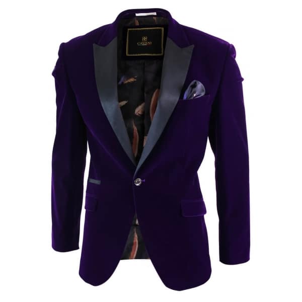 Cavani Rosa - Mens Soft Velvet Black Navy 1 Button Dinner Jacket Tuxedo Blazer Smart Casual Fit-Purple