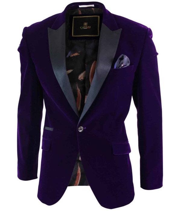 Cavani Rosa - Mens Soft Velvet Black Navy 1 Button Dinner Jacket Tuxedo Blazer Smart Casual Fit-Purple