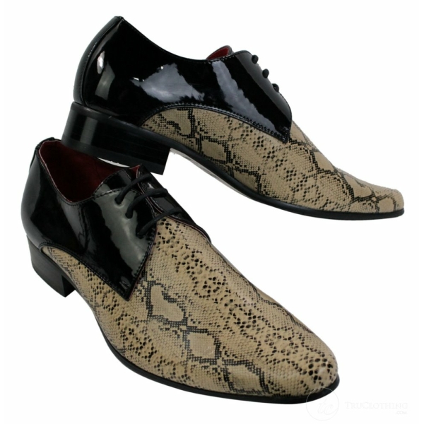 Mens Black Beige Snake Skin Patent Shiny Leather Shoes Italian Design Laced