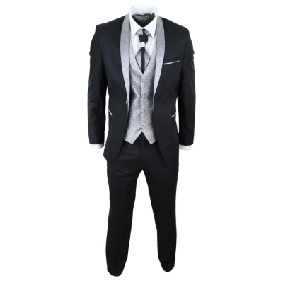 Mens 4 Piece Shawl Lapel Suit - Black/Silver: Buy Online - Happy Gentleman