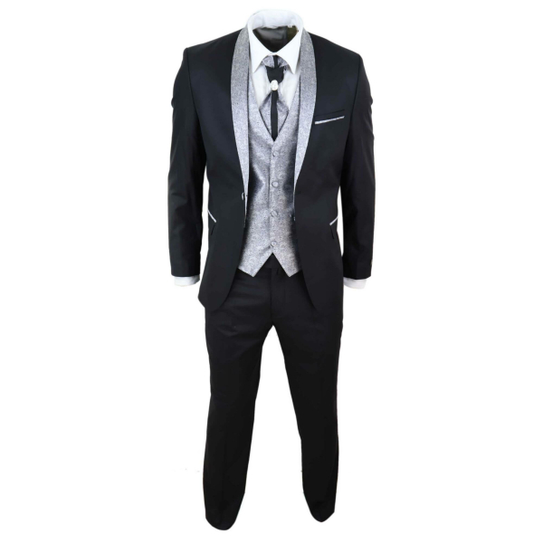 Mens 4 Piece Shawl Lapel Suit - Black/Silver