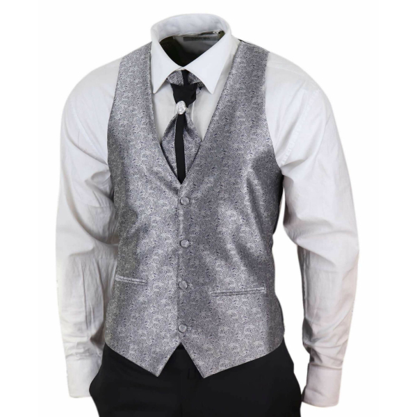 Mens 4 Piece Shawl Lapel Suit - Black/Silver