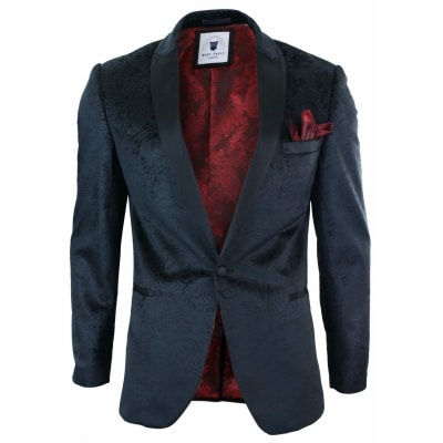 Marc Darcy Simon Mens Velvet Paisley Black Fit Blazer Tuxedo Dinner Jacket Smart Casual
