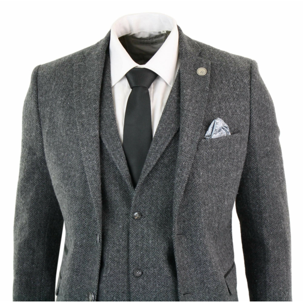 Men's Charcoal Grey 3 Piece Tweed Herringbone Suit - STZ11