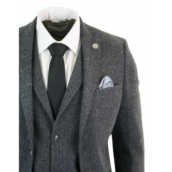 Men's Charcoal Grey 3 Piece Tweed Herringbone Suit - STZ11