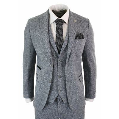Hellgrauer 3-teiliger Tweed-Anzug mit Fischgrätenmuster für Herren - STZ11