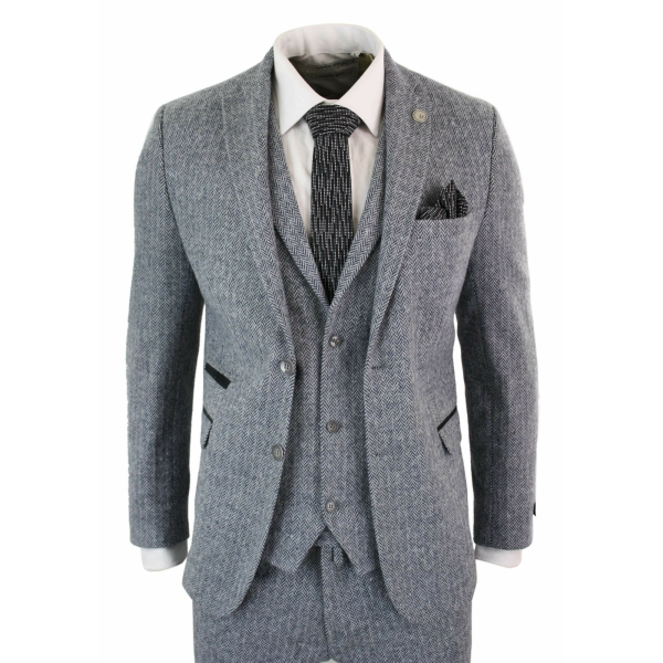 Men's Light Grey 3 Piece Tweed Herringbone Suit - STZ11: Buy Online ...