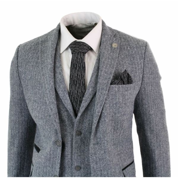 Men's Light Grey 3 Piece Tweed Herringbone Suit - STZ11