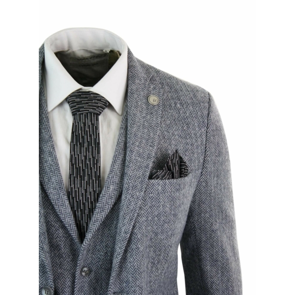 Hellgrauer 3-teiliger Tweed-Anzug mit Fischgrätenmuster für Herren - STZ11