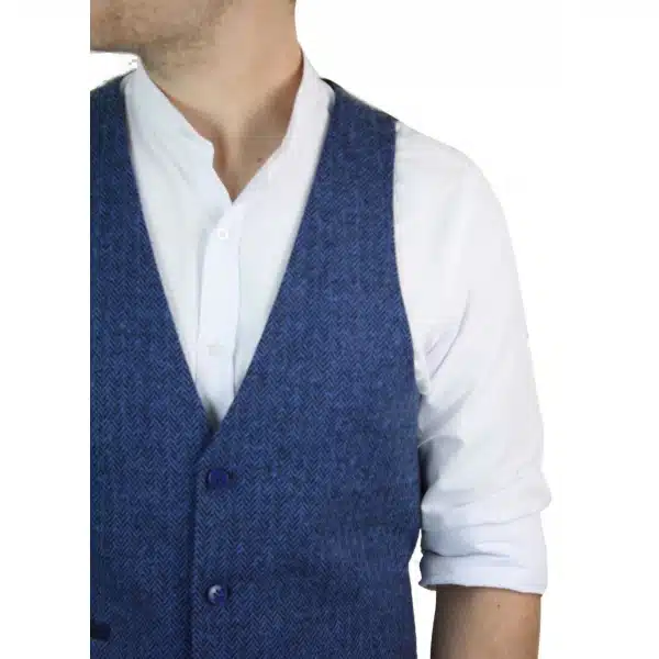 Mens Blue Waistcoat Tweed Herringbone Wool Peaky Blinders Vintage Retro