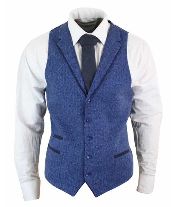 Mens Blue Waistcoat Tweed Herringbone Wool Peaky Blinders Vintage Retro