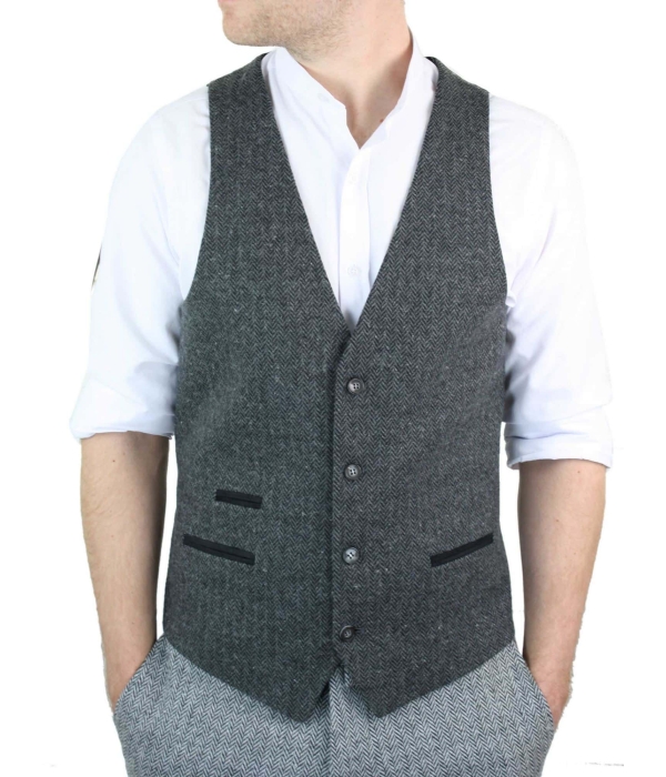 Mens Charcoal Waistcoat Tweed Herringbone Wool Peaky Blinders Vintage Retro