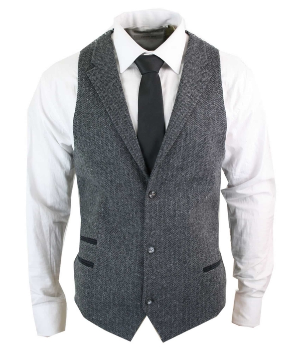 Mens Charcoal Waistcoat Tweed Herringbone Wool Peaky Blinders Vintage Retro