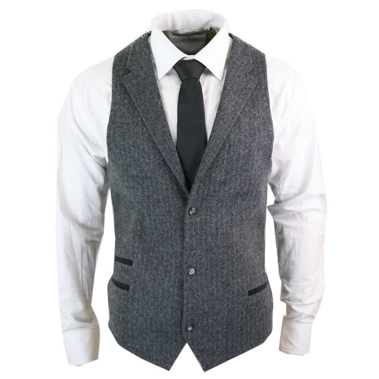 Mens Charcoal Waistcoat Tweed Herringbone Wool Peaky Blinders Vintage ...