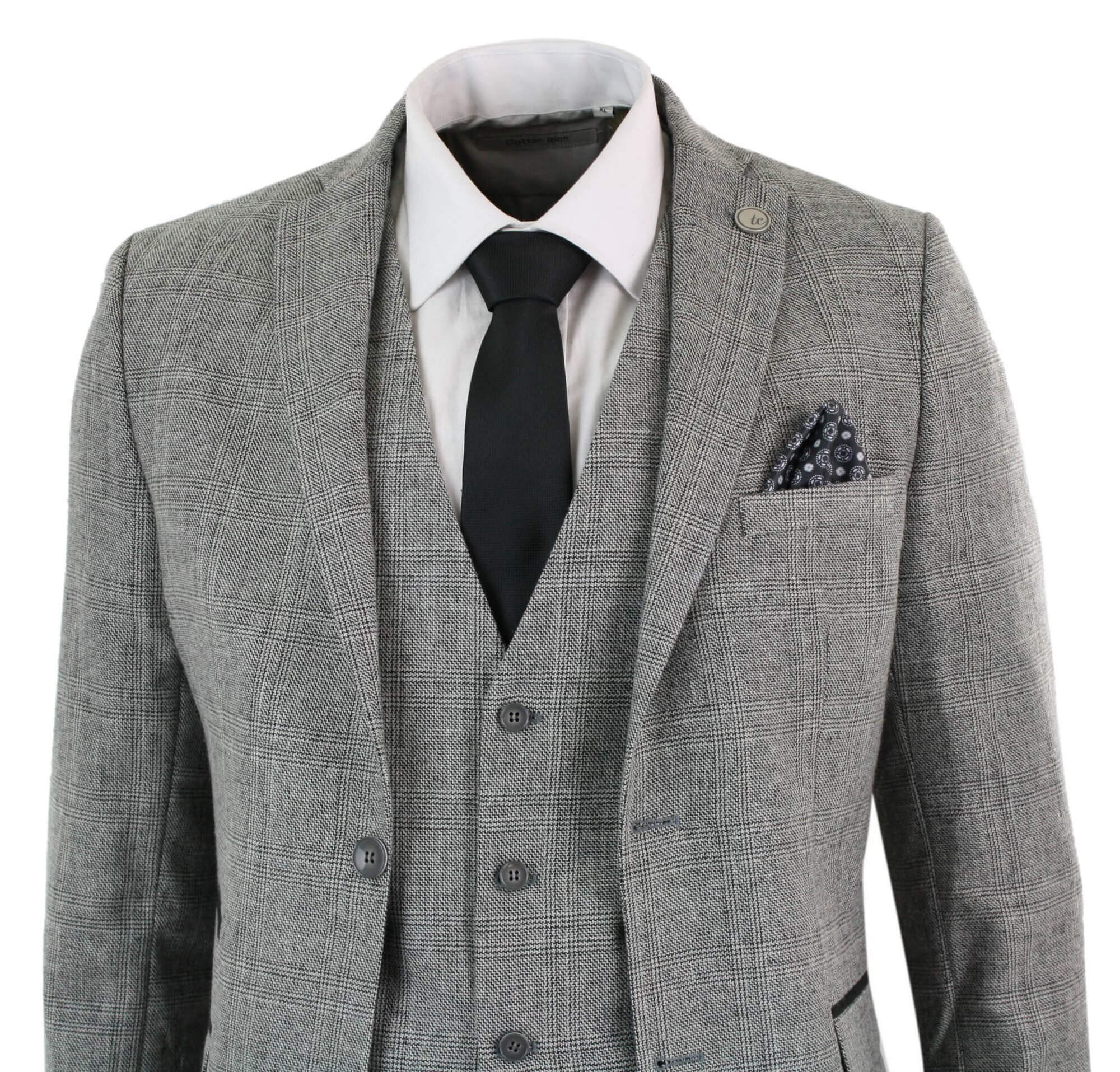 Men's Grey Check 3 Piece Tweed Prince of Wales Suit - STZ12 | Happy ...