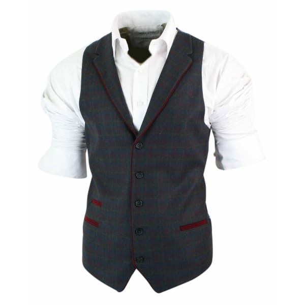 Mens Waistcoat Wool Olive Green with Red Blue Brown Check Tweed Classic Vintage Tailored Fit