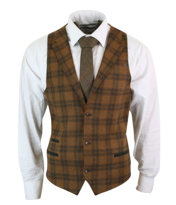 Mens Waistcoat Wool Tan Brown Check Tweed Classic Vintage Tailored Fit